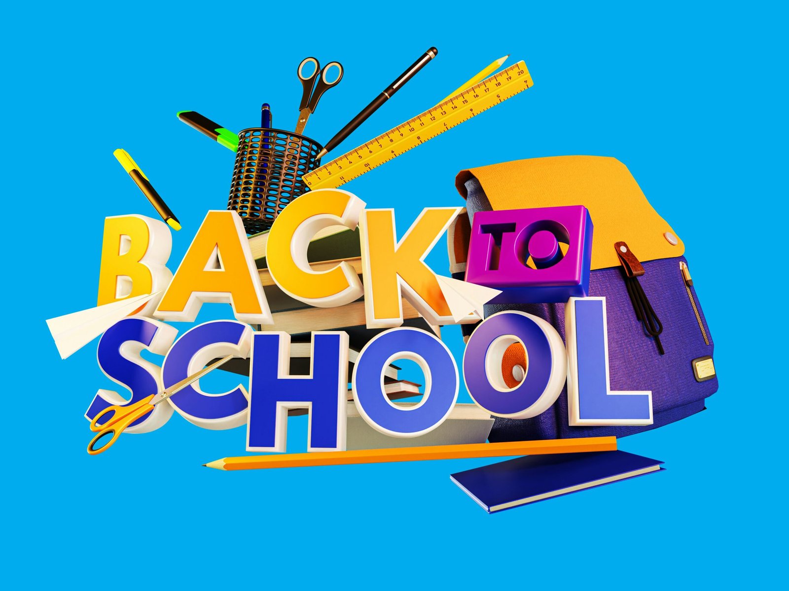 A back to school sign with school supplies on it